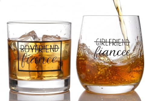 Engagement Gift Set - Couples Wine & Whiskey Glasses for Him & Her