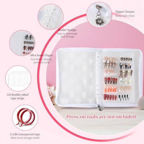 ASTONFOG White Press on Nail Storage Organizer Binder with 8 Insert Pages