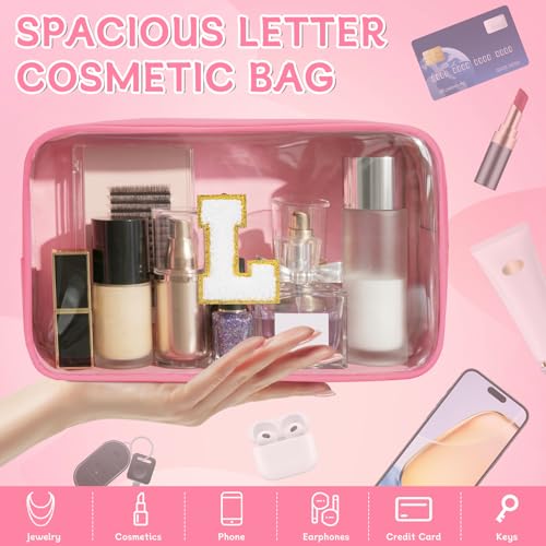 WELIDAY Pink L Initial Chenille Cosmetic Bag - Water-Resistant Travel Makeup Pouch