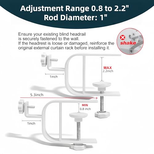 No Drill Curtain Rod Bracket for Blinds, Adjustable 0.8–2.2" Headrail, 2 Pack - White