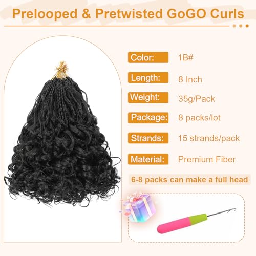 Prelooped GoGo Curl Crochet Hair for Black Women 8 Pack, 8 Inch #1B