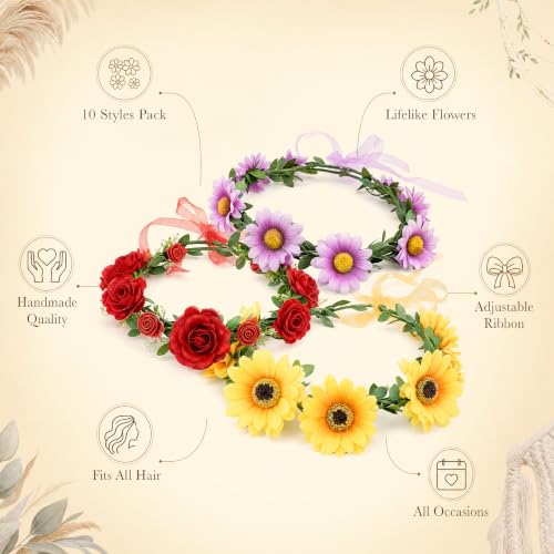 Lawie Boho Sunflower Daisy Flower Crown with Ribbon - Bridal Hair Wreath for Women