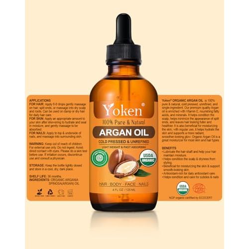 Yoken Organic Argan Oil for Hair 4 Fl Oz, USDA Pure and Natural Morocco Argan Oil, Argon Oil For Hair, Scalp, Face & Skin Care, 100% Cold Pressed Hair Conditioner, Unrefined Argon Nails Carrier Oil