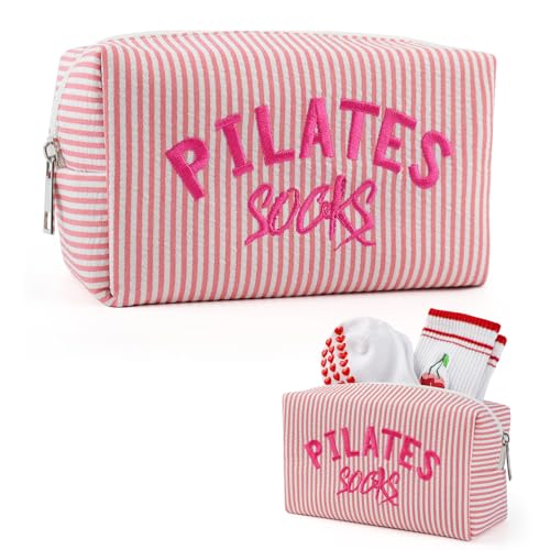 Pilates Grip Socks Bag - Embroidered Seersucker Pouch for Gym & Travel