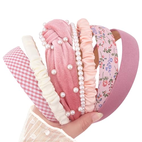 7 Pack Pink Headbands for Women & Girls - Non-Slip Pearl Beads