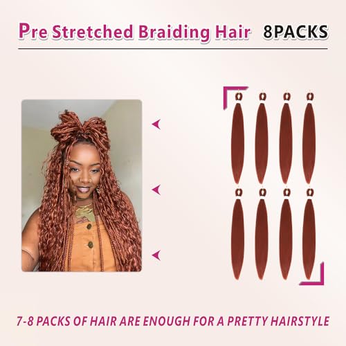 Abrastin Pre-Stretched Braiding Hair 20 Inch Ginger 350# Yaki Synthetic 8 Pack