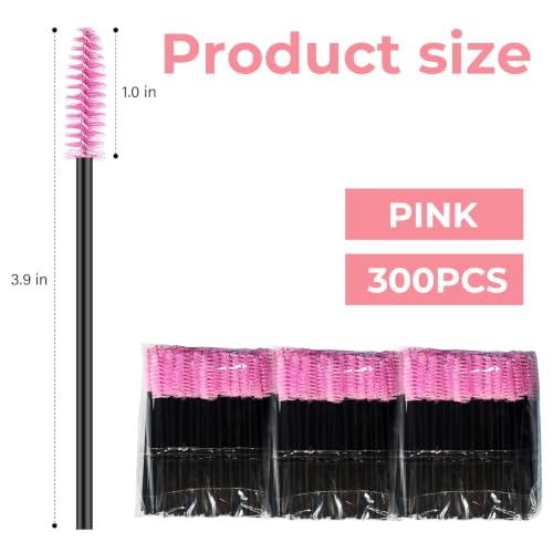 300 Pcs Disposable Eyelash Brush Applicators - Pink Mascara Wands