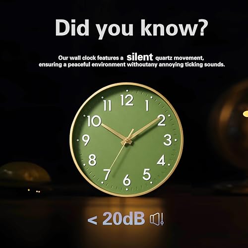 10 Inch Silent Wall Clock - Olive Green & Gold Modern Design