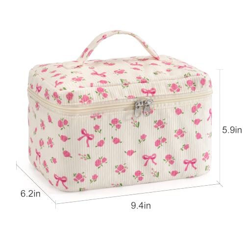 Large Quilted Makeup Bag for Women Travel Cosmetic Organizer Beige Rose