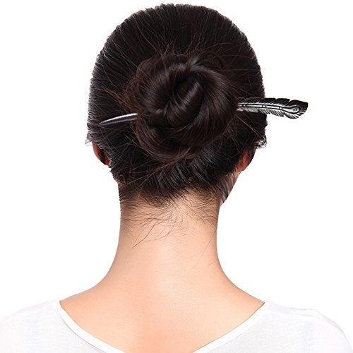 Handmade Ebony Wood Hair Sticks - Phoenix Feather Design (2 Count, 7")