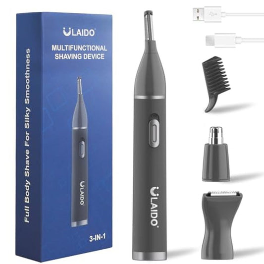 Nose Hair Trimmer for Men, Painless 3 in 1 Grooming Kit for Nose, Ear, Eyebrow & Body Hair, Rechargeable No Pull No Snag Trimming with 3 Waterproof Replacement Heads, Easy Cleansing