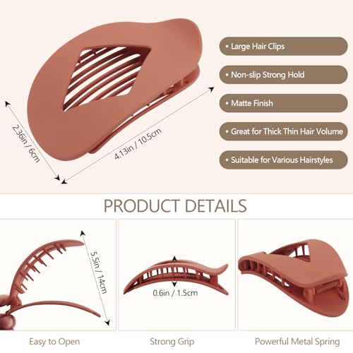 Atoden Large Flat Round Hair Clips Oval Claw Clips for Thick Medium Thin Hair 6Pcs Non Slip Strong Hold Barrettes Duckbill Accessories for Women Girls Matte Solid Neutral Color