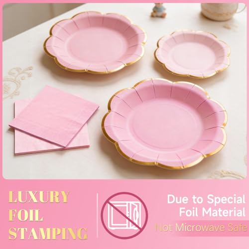 Pink Paper Plates and Napkins Set for 20 Guests - Scalloped Gold Rim