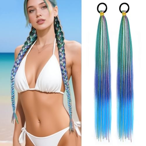 26 Inch Braided Ponytail Extensions - Green/Purple/Blue Synthetic Hair (2 Pack)