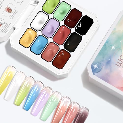 Woobena 12 Colors Gradient Nail Gel Kit with Sponge - No Wipe UV/LED Curing, Floral & Blush Art
