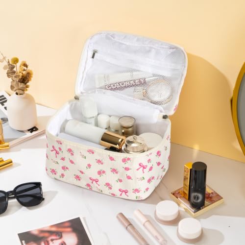 Large Quilted Makeup Bag for Women Travel Cosmetic Organizer Beige Rose