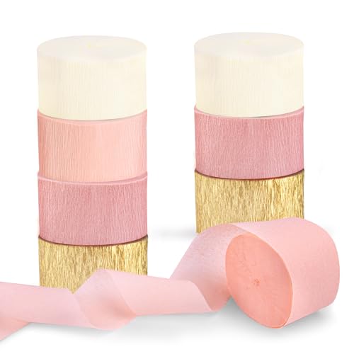 Pink Gold Crepe Paper Streamers - 8 Rolls for Parties & Events