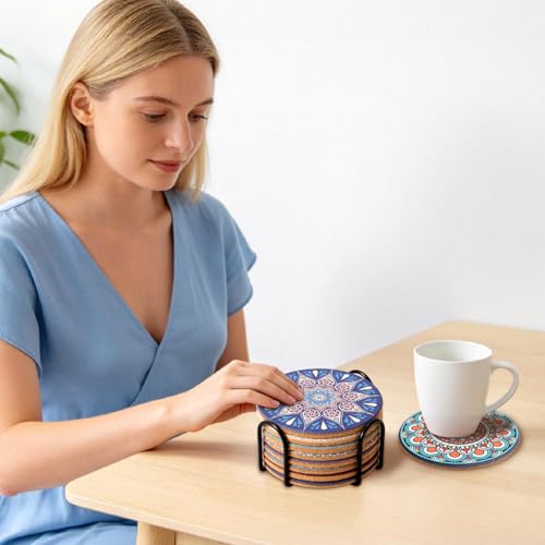 Set of 8 Colorful Boho Cork Coasters with Metal Holder - 4 Inch