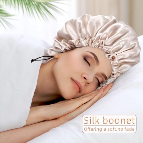 Edoneery Champagne Satin Double Layer Sleep Bonnet for Women, Adjustable Hair Cap