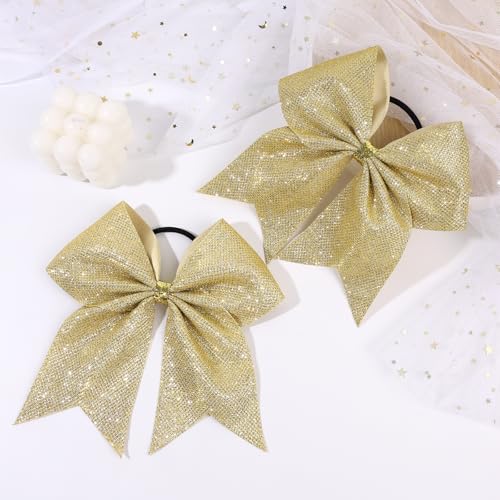 10-Pack Jumbo 7-Inch Gold Glitter Cheer Bows with Elastic Hair Ties