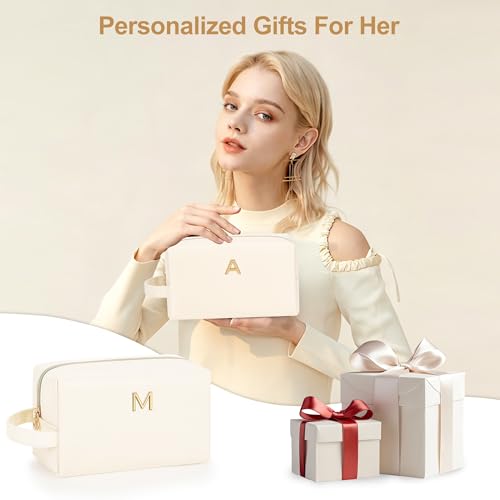 Personalized Initial Makeup Bag - Waterproof PU Leather Cosmetic Travel Pouch