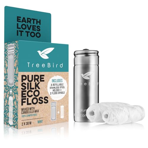 TreeBird Pure Silk Dental Floss Kit - Refillable Stainless Steel Dispenser with Mint Floss