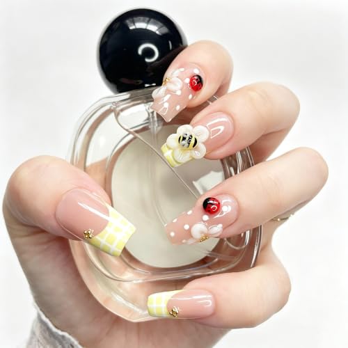 Medium Square Press-On Nails SQ603 - 3D Handmade Bee & Ladybug Design | 10 Pcs Reusable Acrylic