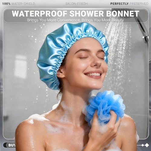 Reusable Waterproof Shower Caps for Women - 2 Pack, Double Layer
