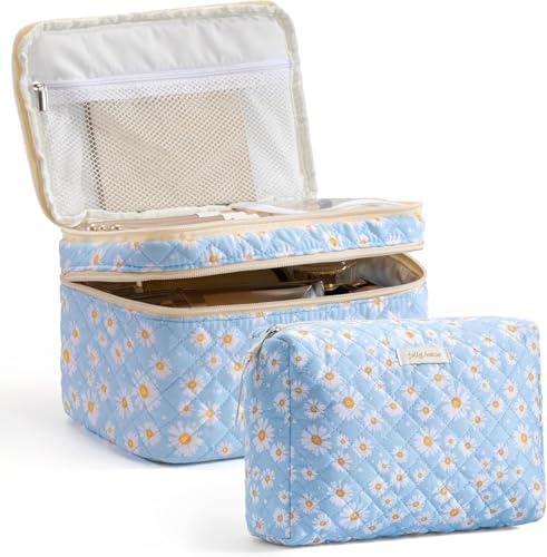 HBselect 2-Piece Quilted Floral Makeup Bag Set, Large Travel Toiletry Pouch