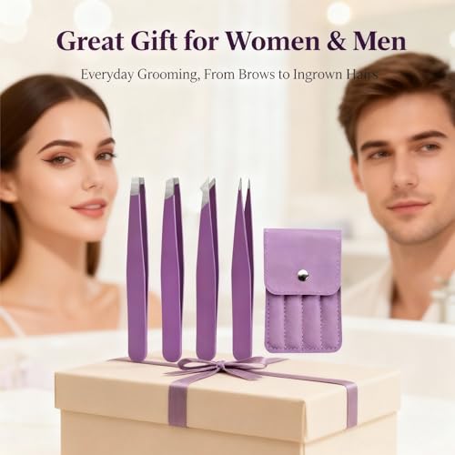 Purple Stainless Steel Tweezers Set with Travel Case - Precision Eyebrow & Facial Hair Removal