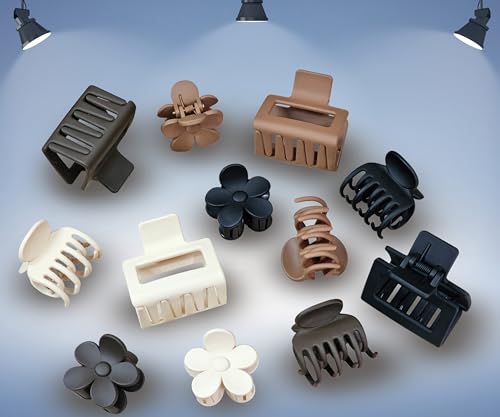 Clawposh 12-Pack Small Hair Clips for Women - Neutral Matte Mini Claw Clips for Thin & Short Hair, Rectangle & Flower Styles, 1.5-2 Inch, Variation Khaki Beige Brown Black