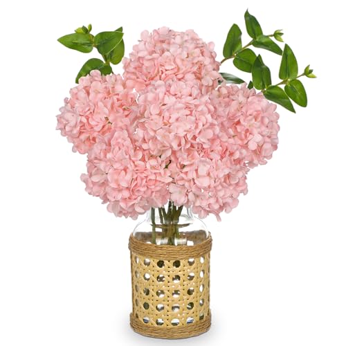 Pink Hydrangea Artificial Flowers in Woven Glass Vase - 12.5" Centerpiece