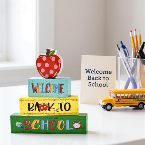 Back to School Wooden Table Decor with Apple & Pencil Design