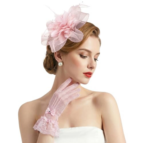 Elegant Women's Fascinator Hat with Lace Gloves for Tea Parties
