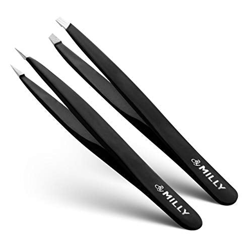 By MILLY Precision Tweezers Set - Slanted & Pointed Tips, Black