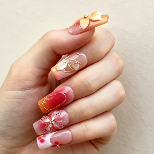 Vlazryk Handmade Press On Nails, Pink Orange Gradient Square False Nails