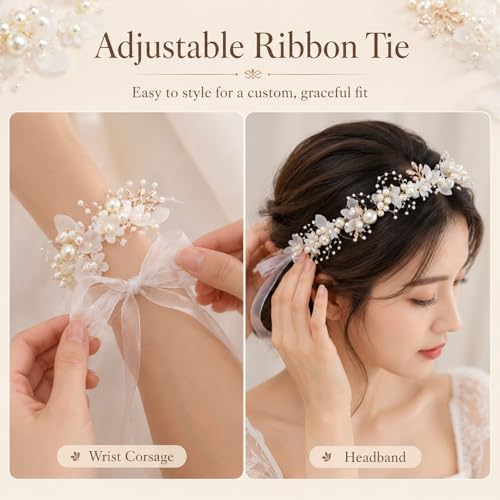 Bridal Pearl & Rhinestone Headband and Wrist Corsage Set - 2-Piece
