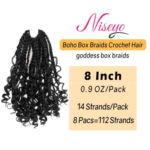 NISEYO Short Boho Goddess Box Braids Crochet Hair 8 Inch 1B - Pack of 8 Black Women