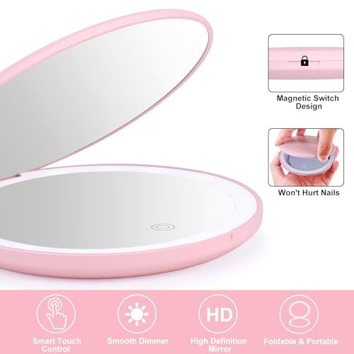osteplus Pink LED Compact Mirror - 3.9" Dual Magnification, Portable
