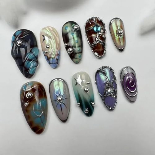 OCOUYVD Gothic Almond Press On Nails M - Silver Steel 3D Ball Fake Nails