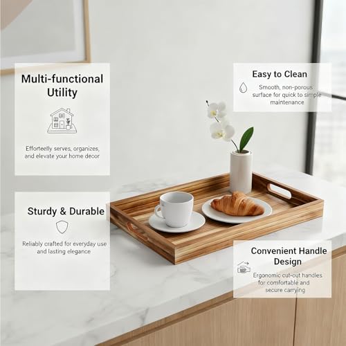 Krismax Rustic Wooden Serving Tray with Handles - 15.7x11.4 Inch