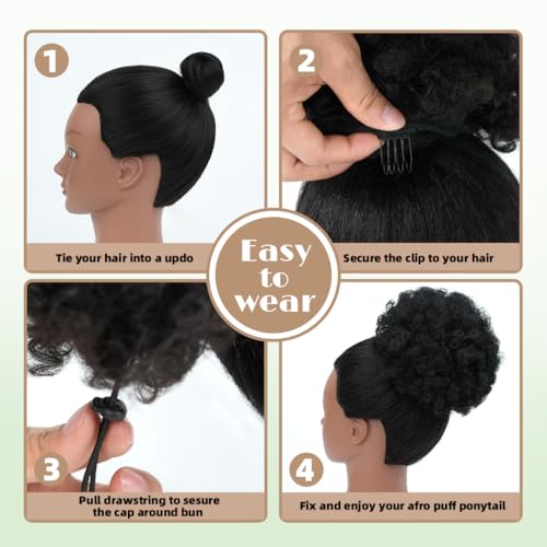 Quesdom Afro Puff Ponytail Extension Synthetic Black 80g Drawstring Clip-In for Black Women (1B Black)