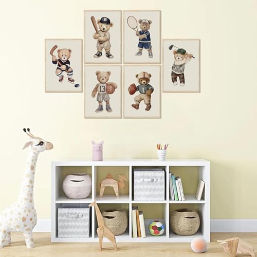 Teddy Bear Sports Wall Art Set - 6 Vintage Prints for Kids' Rooms