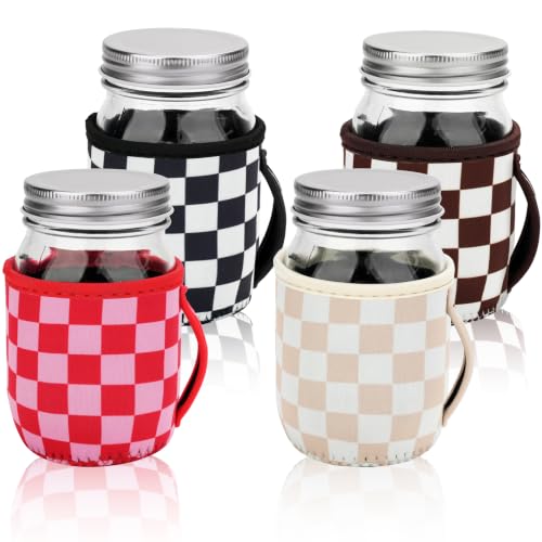 Mason Jar Sleeves - 4 Pack Neoprene Drink Holders with Handle