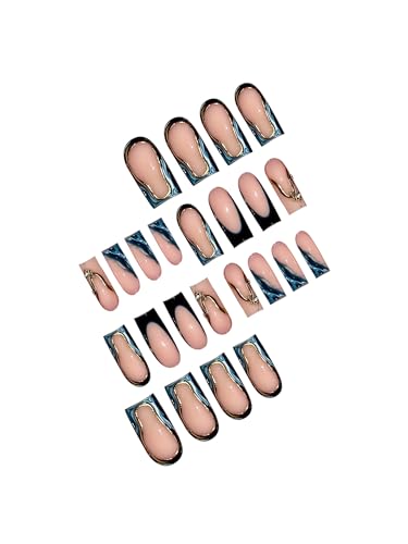 RUOKEXIN Long Square French Tip Press-On Nails Gold Ombre Fake Nails with Designs, 24Pcs - C5C44