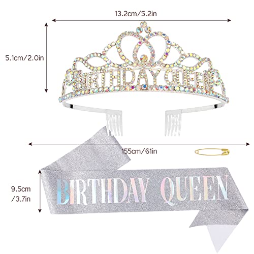 AB Silver Birthday Crown & Sash Set for Women - Rhinestone Tiara & Glitter Sash
