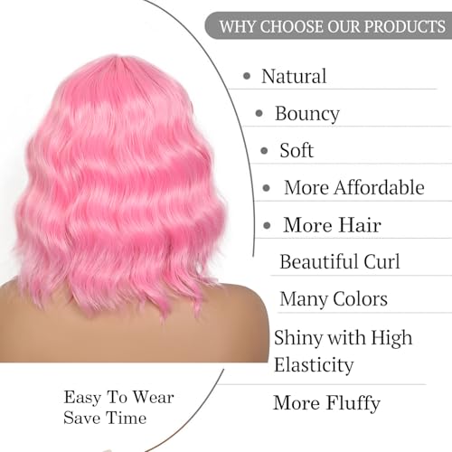 Pink Short Bob Wig with Bangs - 14 Inch Loose Wavy Synthetic Hair