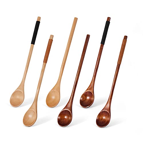 Set of 6 Durable Wooden Cooking Spoons - Long Handle Stirring & Mixing Utensils