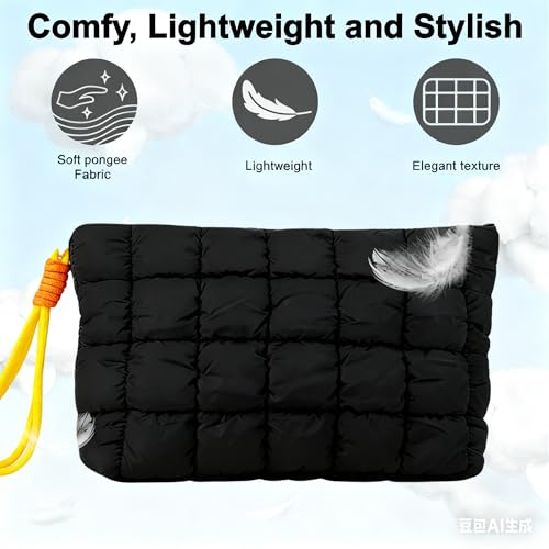 CECKQUE BK-CHy-R Black Puffer Quilted Makeup Bag with Wrist Strap, 10-Inch Travel Cosmetic Organizer