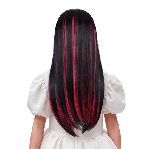 Edivd Long Straight Pink Mixed Black Wig with Air Bangs - Heat Resistant